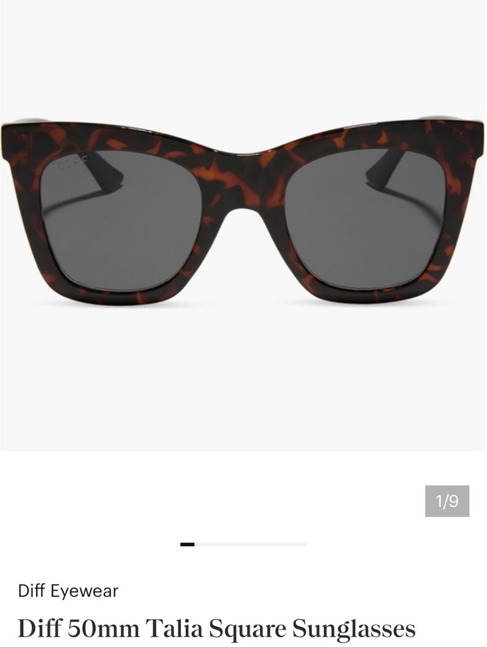 Diff Talia Tortoiseshell Cat-Eye Square Sunglasses with Dark Lenses New